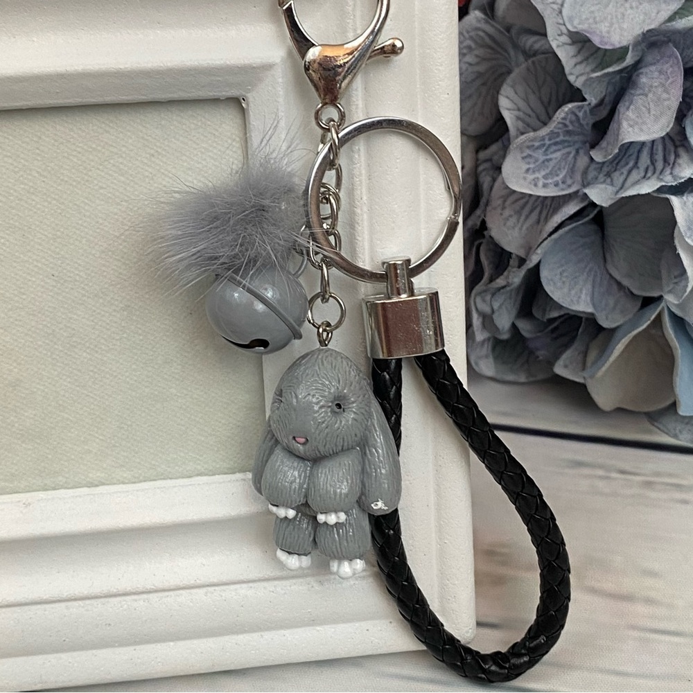 Gray Bunny Charm Keychain with Wristlet Strap - Picture 2 of 13